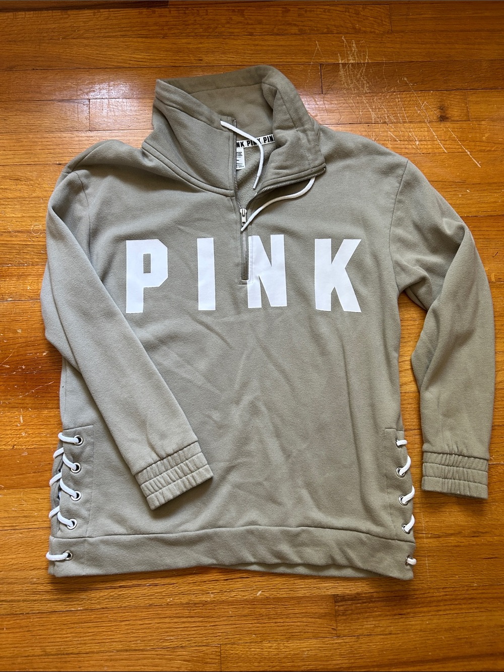 PINK Victoria's Secret Olive Quarter-Zip Sweatshirt with White Logo